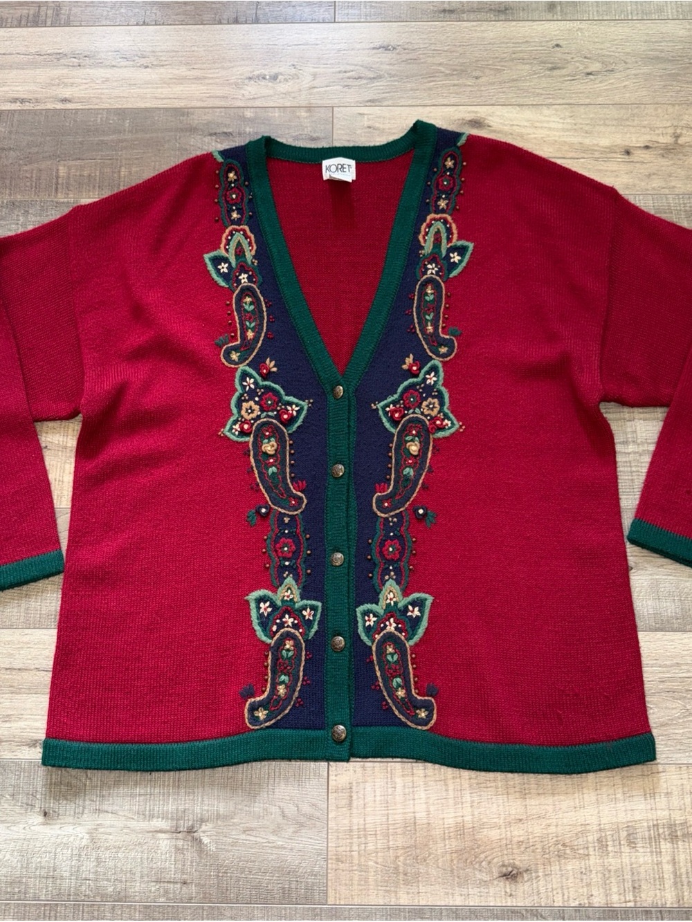 Koret 1X Red Embroidered V-Neck Cardigan Sweater